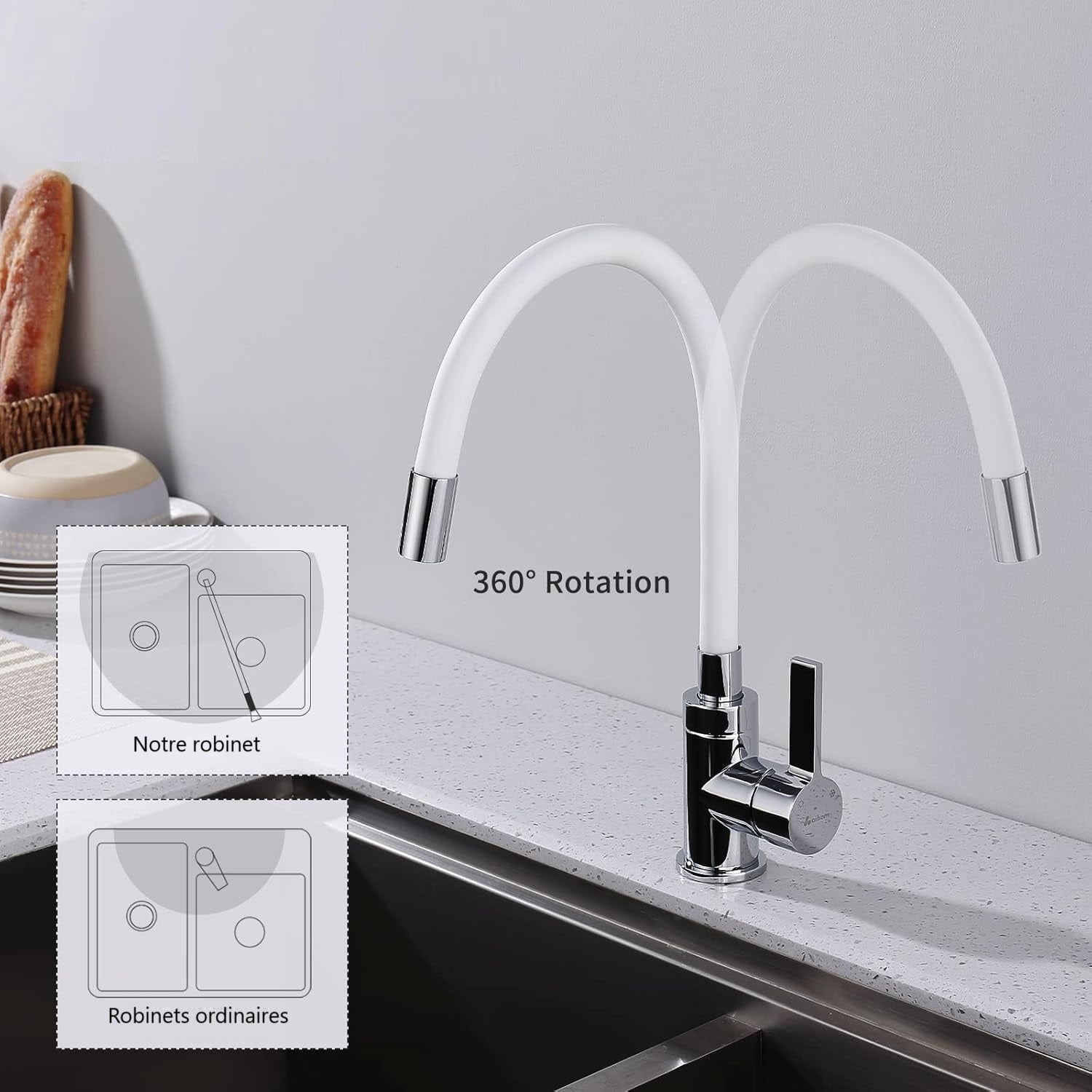 Robinet flexible pour cuisine col de cygne en inox