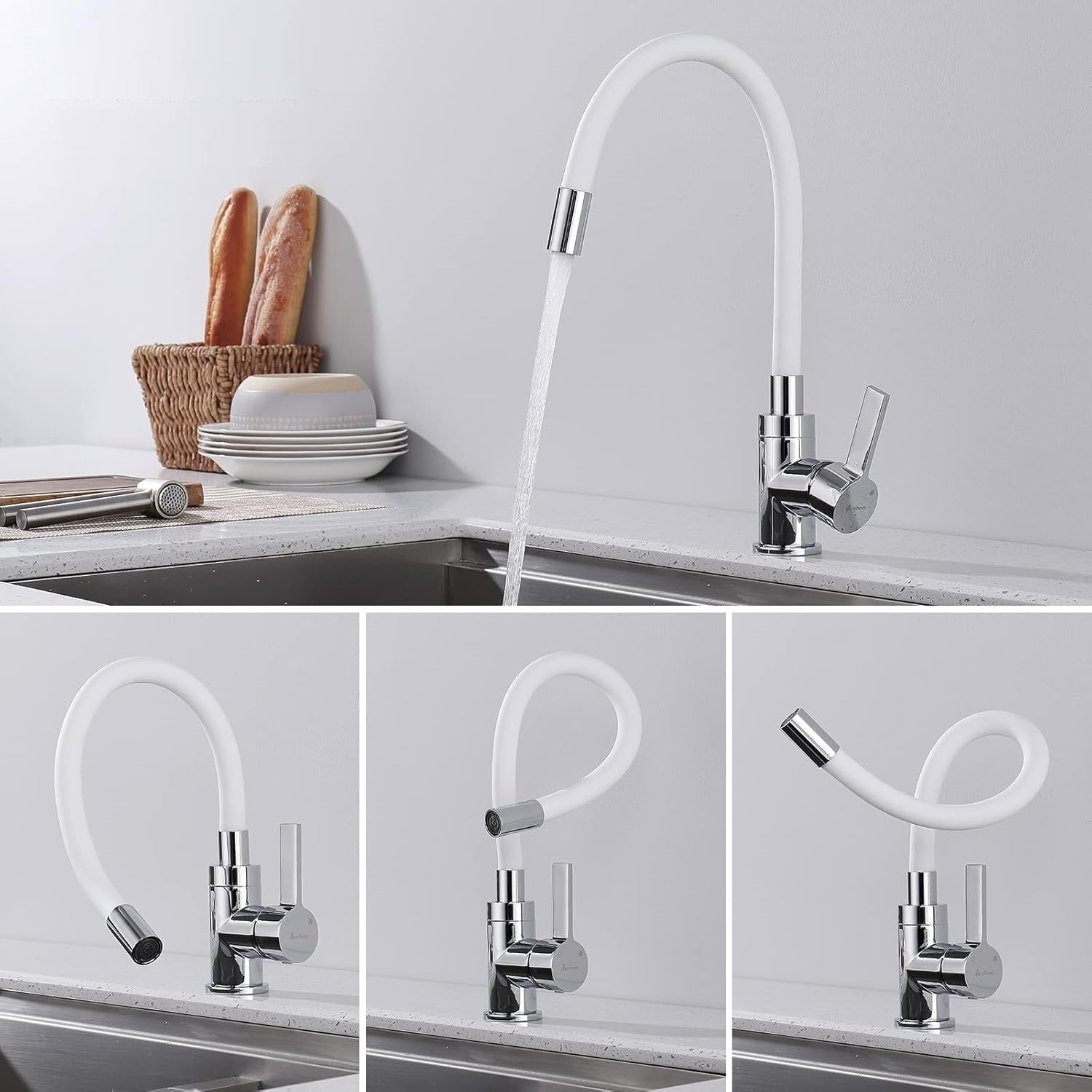 Robinet flexible pour cuisine col de cygne en inox