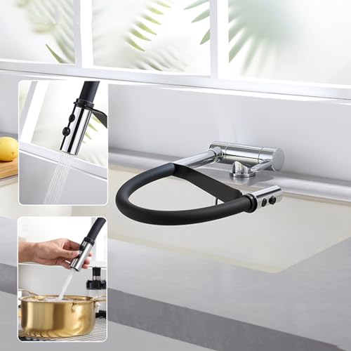 Robinet cuisine rabattable col de cygne rabattable pour évier sous fenêtre avec douchette extensible et 2 jets de pulvérisation ajustables