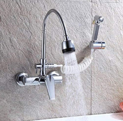 Robinet cuisine douchette murale 3 voies en inox avec 2 jets modulables