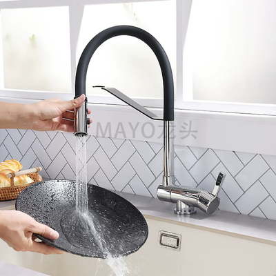 Robinet cuisine rabattable col de cygne rabattable pour évier sous fenêtre avec douchette extensible et 2 jets de pulvérisation ajustables